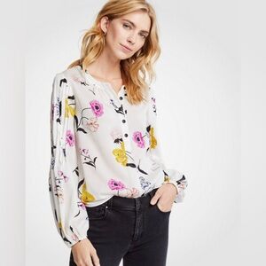 FLORAL BLOUSE Ann Taylor Floral Button-Up Blouse - White, Pink, Yellow